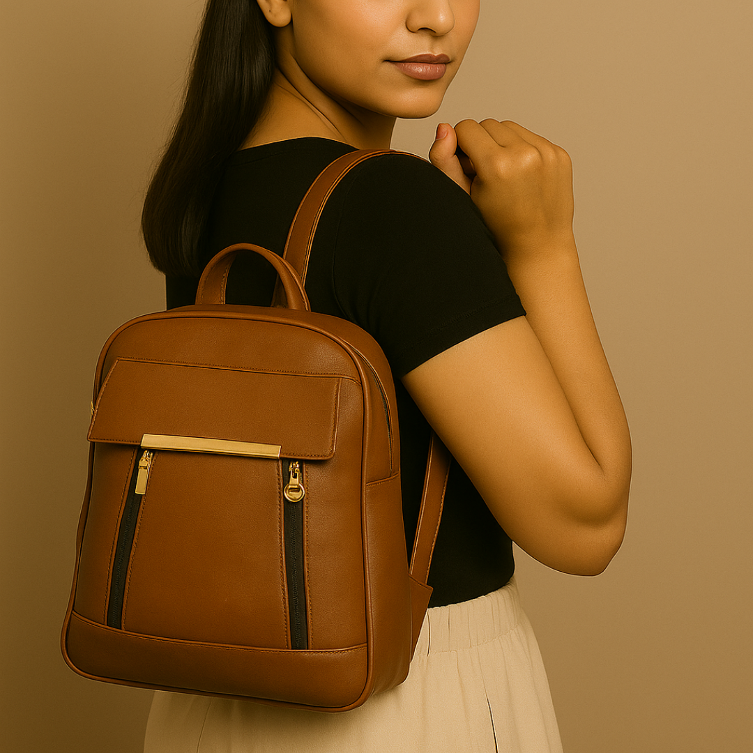 Caramel Finishing Veagn Leather Backpack For Women– Stylish & Functional Everyday Bagc