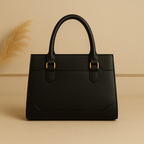 Elegant Structured Black Leather Handbag with Golden Accents | Luxury Women's Tote