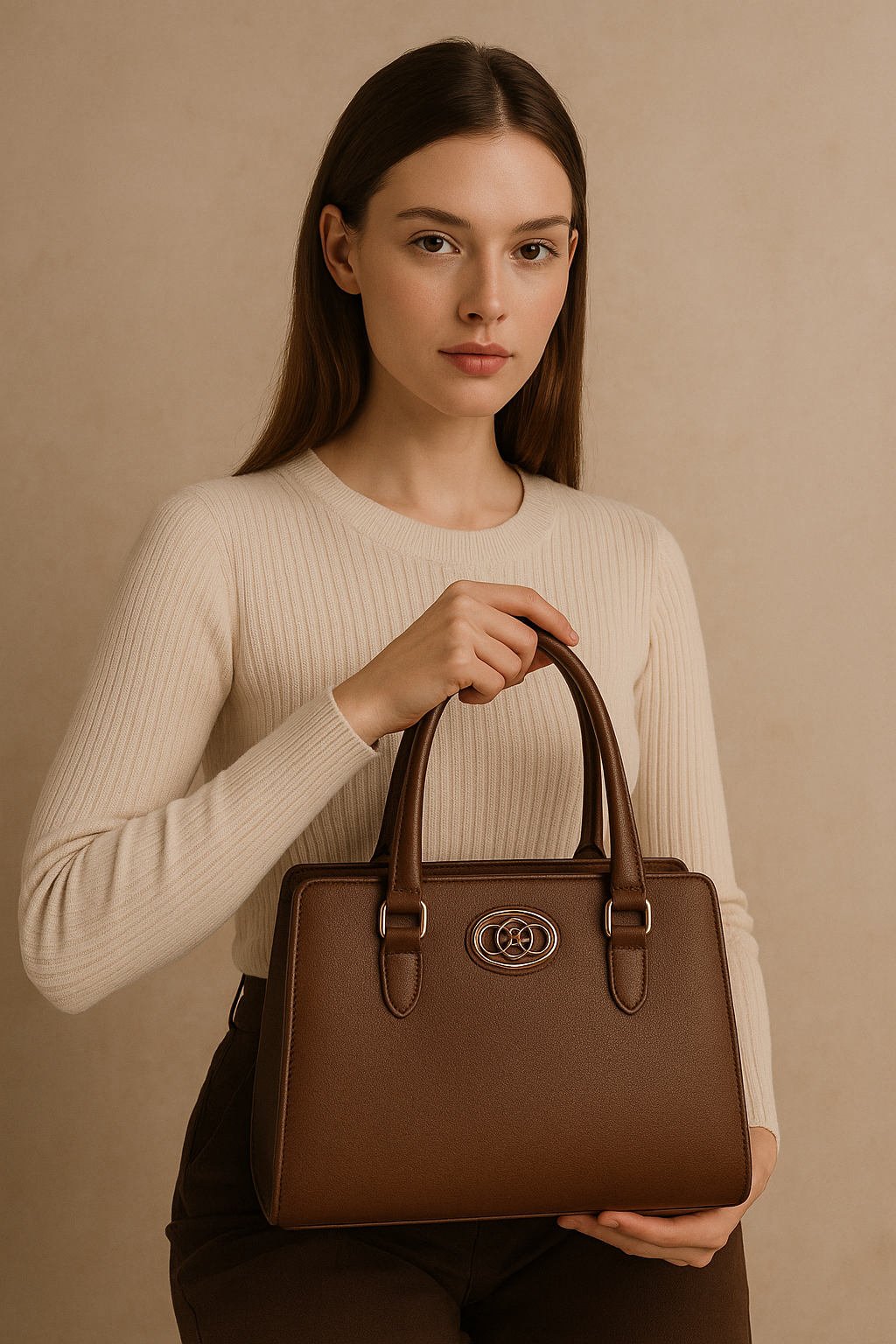 Elegant Brown Leather Handbag with Silver GG Logo | Luxury Women's Tote