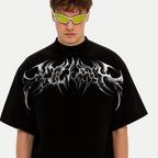 For Men’s Chrome Thorn Crest Oversized Tee – Metallic Front Graphic