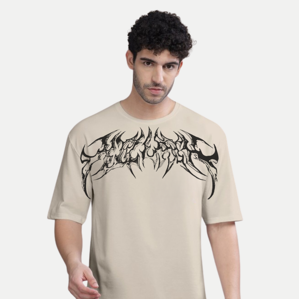 For Men’s Chrome Thorn Crest Oversized Tee – Metallic Front Graphic