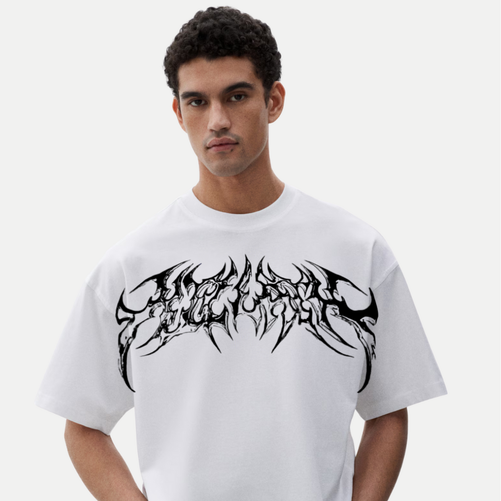 For Men’s Chrome Thorn Crest Oversized Tee – Metallic Front Graphic